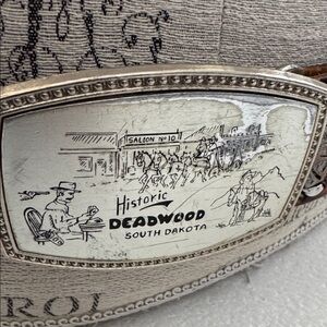 Historic Deadwood Men’s Bat buckle and belt size 39” length 4 holes name Mike